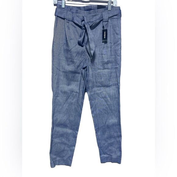 Express Blue Ankle High Rise Belted Linen Blend Pant NWT MSRP $79.98 - Picture 5 of 14
